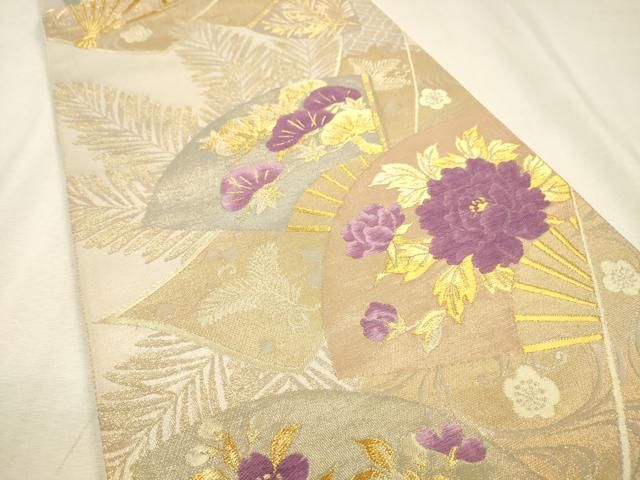 平和屋本店▼西陣 京の名門 じゅらく謹製 帝王紫 六通柄袋帯 唐織 扇面花松文 本金箔 正絹 逸品 DABL2670fe