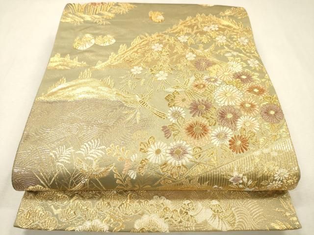 平和屋本店▼六通柄袋帯 唐織 遠山花鳥文 本金プラチナ 正絹 逸品 DABL2722fe