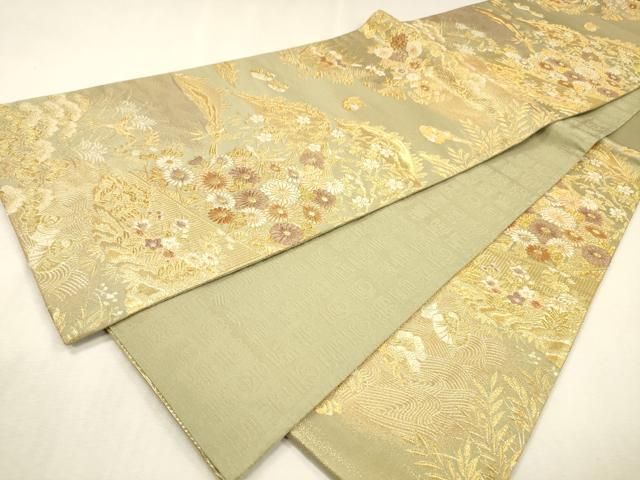 平和屋本店▼六通柄袋帯 唐織 遠山花鳥文 本金プラチナ 正絹 逸品 DABL2722fe