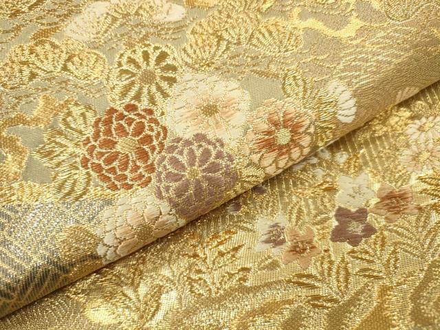 平和屋本店▼六通柄袋帯 唐織 遠山花鳥文 本金プラチナ 正絹 逸品 DABL2722fe
