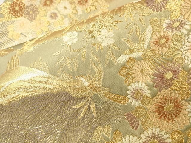 平和屋本店▼六通柄袋帯 唐織 遠山花鳥文 本金プラチナ 正絹 逸品 DABL2722fe