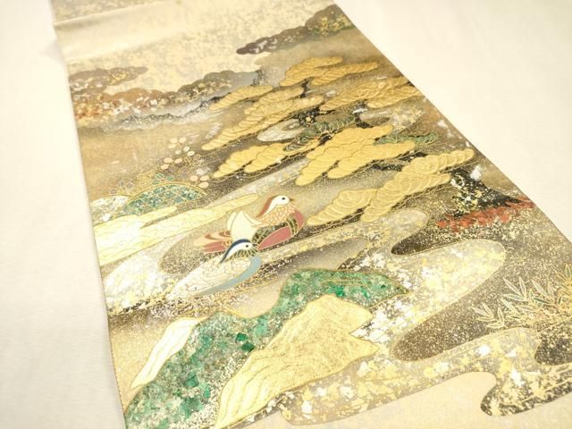 平和屋本店●工芸作家集団 葛実 辻清峰 袋帯 螺鈿 鴛鴦松文 金泥箔 本金箔 正絹 逸品 未使用 DABL2917fe