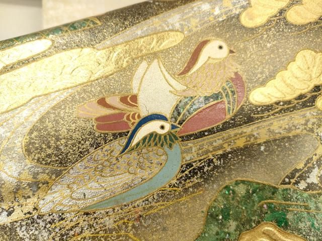 平和屋本店●工芸作家集団 葛実 辻清峰 袋帯 螺鈿 鴛鴦松文 金泥箔 本金箔 正絹 逸品 未使用 DABL2917fe