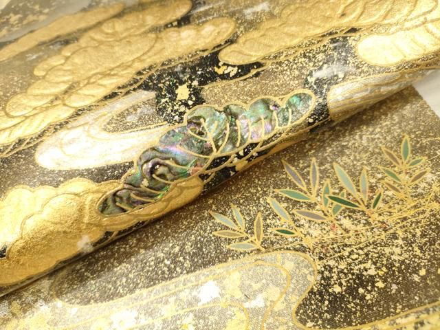 平和屋本店●工芸作家集団 葛実 辻清峰 袋帯 螺鈿 鴛鴦松文 金泥箔 本金箔 正絹 逸品 未使用 DABL2917fe