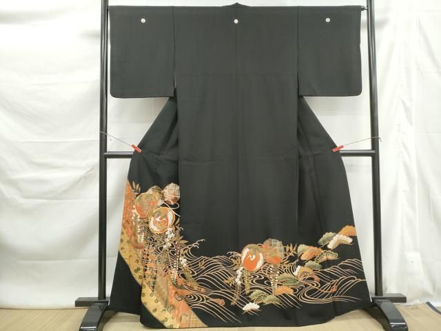 平和屋着物■豪華黒留袖 駒刺繍 飛鶴花鼓文 横笛 金彩 正絹 逸品 DABL3015qa