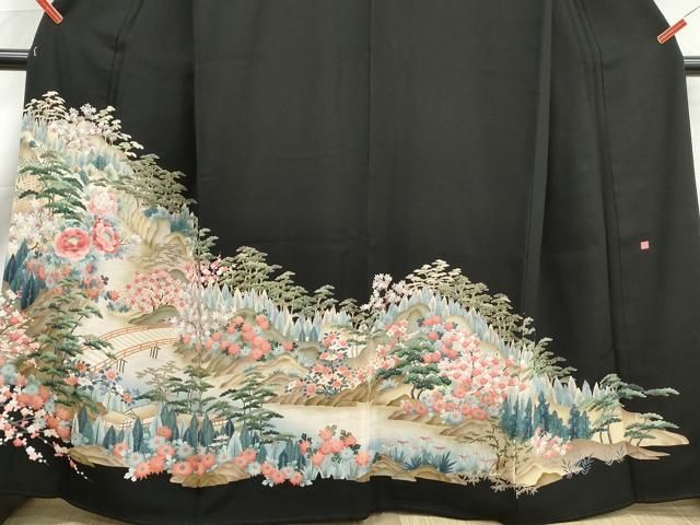 平和屋着物■豪華黒留袖 友禅 作家物 風景花文 正絹 逸品 DABL3017qa