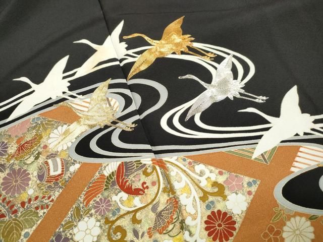 平和屋着物■豪華黒留袖 作家物 駒刺繍 流水群鶴文 正絹 逸品 DABL3030qa