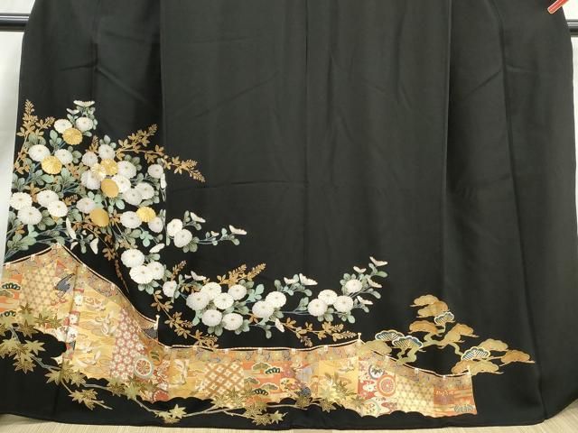 平和屋着物■豪華黒留袖 駒刺繍 幔幕菊松文 金彩 正絹 逸品 DABL3115qa