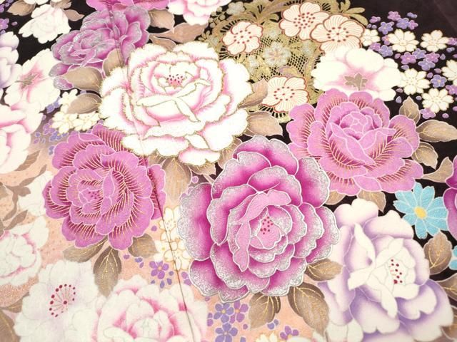 平和屋着物●豪華振袖 刺繍 草花文 薔薇 バラ 銀彩 正絹 逸品 DABL3134qa