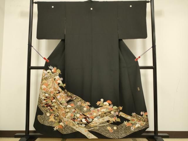 平和屋着物●豪華黒留袖 作家物 総刺繍 絵巻御所車宝尽くし花文 金銀糸 正絹 逸品 DABL3530du