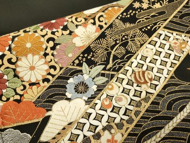 平和屋着物●豪華黒留袖 作家物 総刺繍 絵巻御所車宝尽くし花文 金銀糸 正絹 逸品 DABL3530du