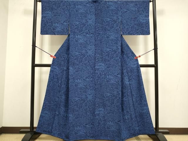平和屋着物●上質な小紋 藍 型染 風景花鳥文 正絹 逸品 DABL3535du