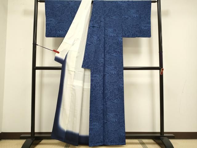 平和屋着物●上質な小紋 藍 型染 風景花鳥文 正絹 逸品 DABL3535du