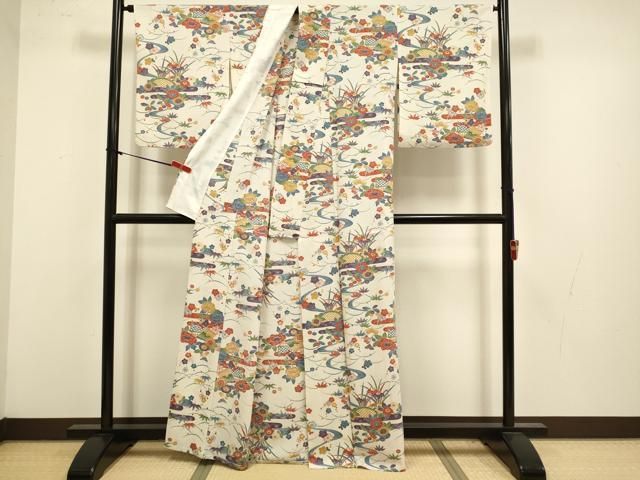 平和屋着物▽小紋 単衣 風景花文 洗える着物 DABL3584du