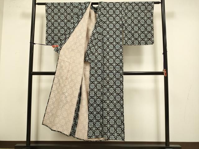 平和屋着物▽上質な小紋 単衣 花菱文 黒地 正絹 逸品 DABL3617du