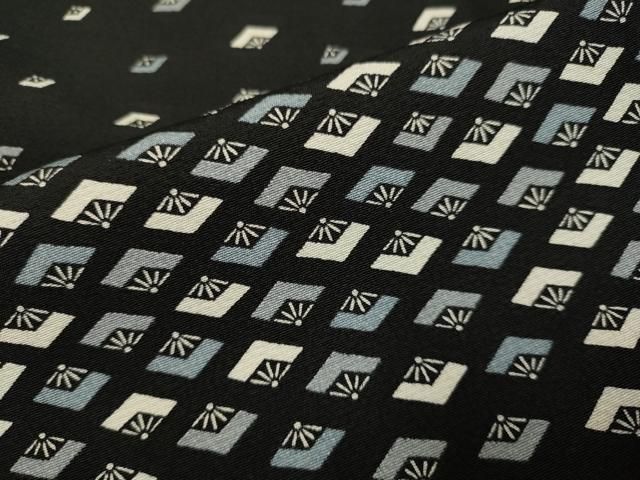 平和屋着物▽上質な小紋 単衣 舞扇文 黒地 正絹 逸品 DABL3620du