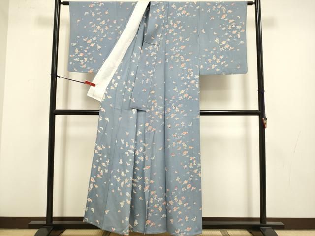 平和屋着物▽上質な小紋 単衣 人物花蝶文 銀彩 正絹 逸品 DABL3632du