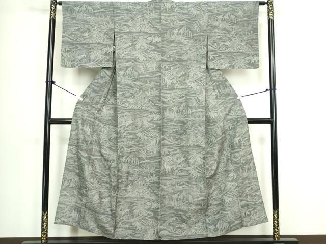 平和屋着物▽江戸小紋 染大島 単衣 渡橋風景文 正絹 逸品 DABL4056cd