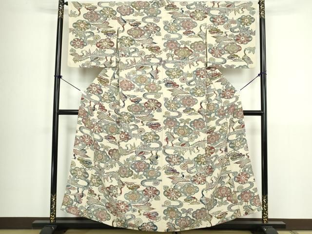平和屋着物▽上質な小紋 単衣 型染め 流水花鳥文 鬼しぼ縮緬 正絹 逸品 DABL4058cd