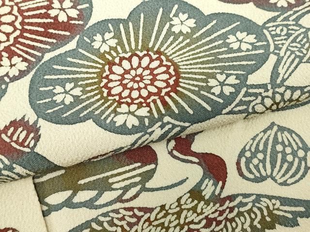 平和屋着物▽上質な小紋 単衣 型染め 流水花鳥文 鬼しぼ縮緬 正絹 逸品 DABL4058cd