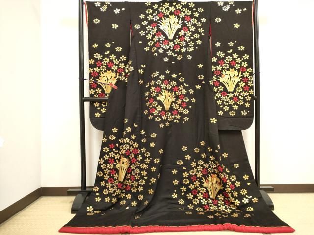 平和屋本店●本手描友禅作家 秋山章 お引きずり・お引き摺り・引き振袖 和装 結婚式 舞妓 芸妓 芸者 衣装 草花文 黒地 金彩 DABL4315cd