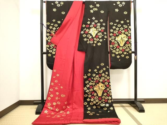 平和屋本店●本手描友禅作家 秋山章 お引きずり・お引き摺り・引き振袖 和装 結婚式 舞妓 芸妓 芸者 衣装 草花文 黒地 金彩 DABL4315cd