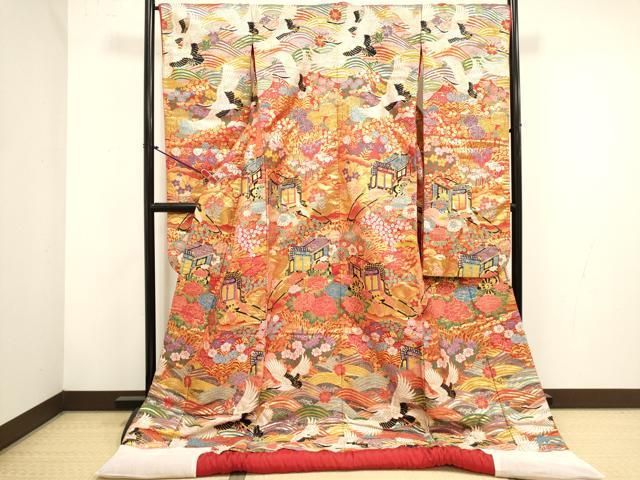 平和屋本店●色打掛 お引きずり 和装 婚礼 結婚式 花嫁 神社挙式 唐織 御所車飛鶴花文 金糸 逸品 DABL4316cd