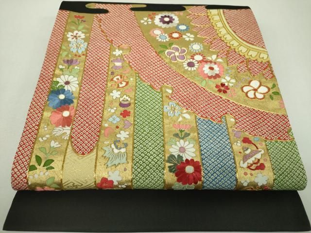 平和屋着物●塩瀬 太鼓柄袋帯 駒刺繍 雪輪宝尽くし花文 黒地 金彩 正絹 逸品 DABL5006ps