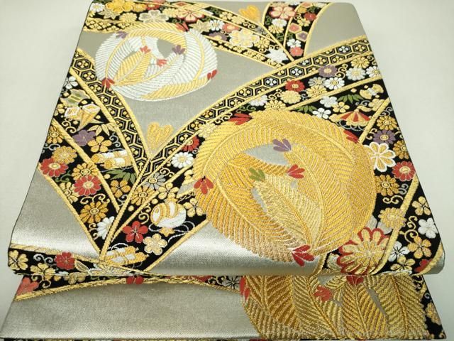 平和屋着物▼六通柄袋帯 宝尽くし花文 若松葉丸文 金銀糸 正絹 逸品 DABL5053ps