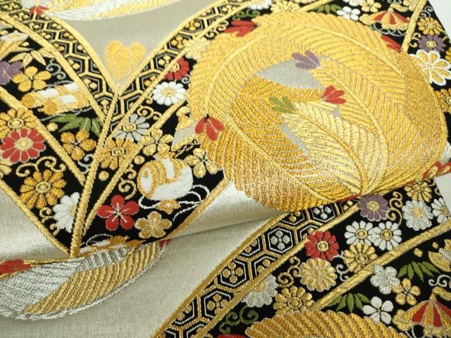 平和屋着物▼六通柄袋帯 宝尽くし花文 若松葉丸文 金銀糸 正絹 逸品 DABL5053ps