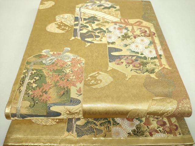 平和屋着物▼六通柄袋帯 平安建都千二百年記念 貝桶花文 金銀糸 引箔 正絹 逸品 DABL5083ps