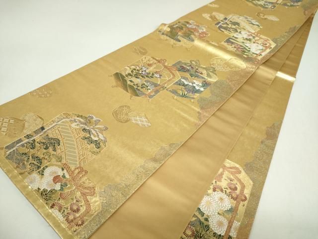平和屋着物▼六通柄袋帯 平安建都千二百年記念 貝桶花文 金銀糸 引箔 正絹 逸品 DABL5083ps