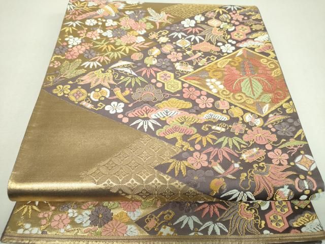 平和屋着物▼六通柄袋帯 唐織 松皮菱宝尽くし飛鶴花文 金糸 正絹 逸品 DABL5087ps