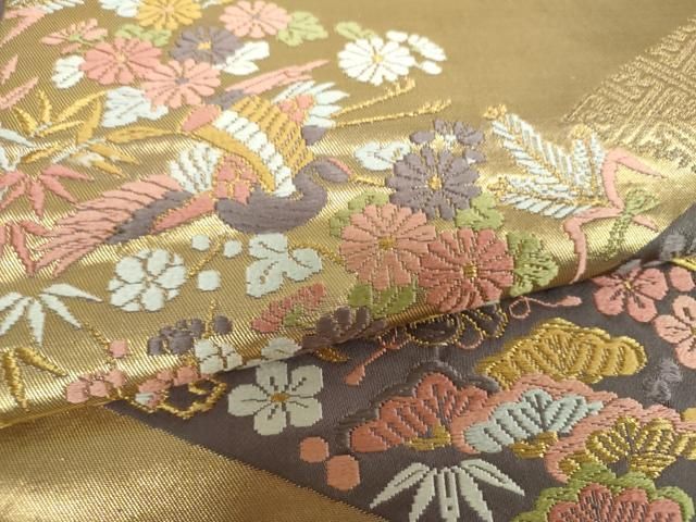 平和屋着物▼六通柄袋帯 唐織 松皮菱宝尽くし飛鶴花文 金糸 正絹 逸品 DABL5087ps