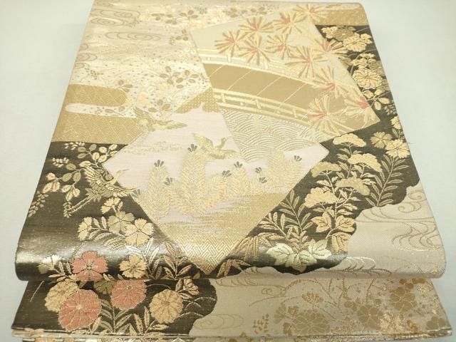 平和屋着物▼六通柄袋帯 色紙重ね渡橋飛鶴花文 金糸 正絹 逸品 DABL5091ps