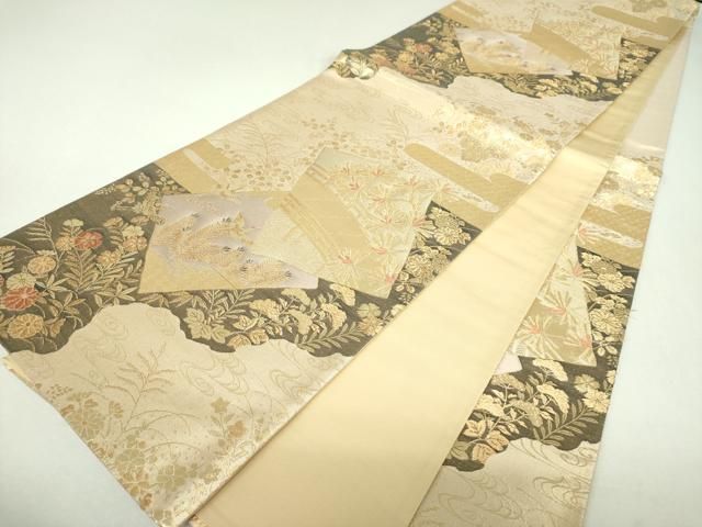 平和屋着物▼六通柄袋帯 色紙重ね渡橋飛鶴花文 金糸 正絹 逸品 DABL5091ps