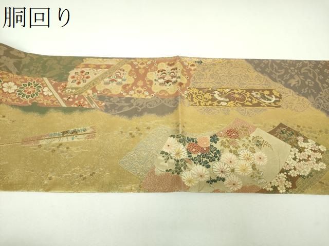 平和屋着物▼両方向 両面 全通柄袋帯 正倉院裂華紋 慶扇四季草花紋 金糸 正絹 逸品 DABL5096ps