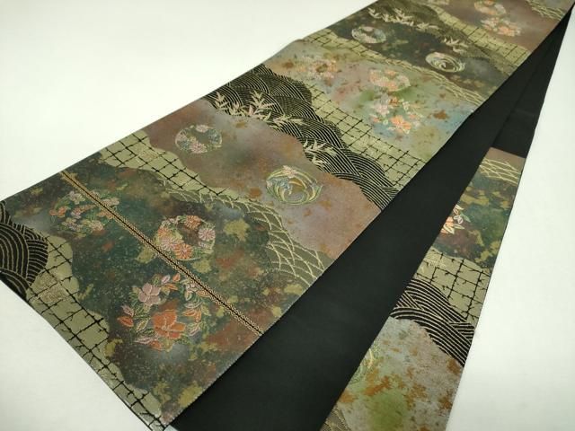 平和屋着物▼六通柄袋帯 流水花丸文 金銀糸 引箔 正絹 逸品 DABL5098ps