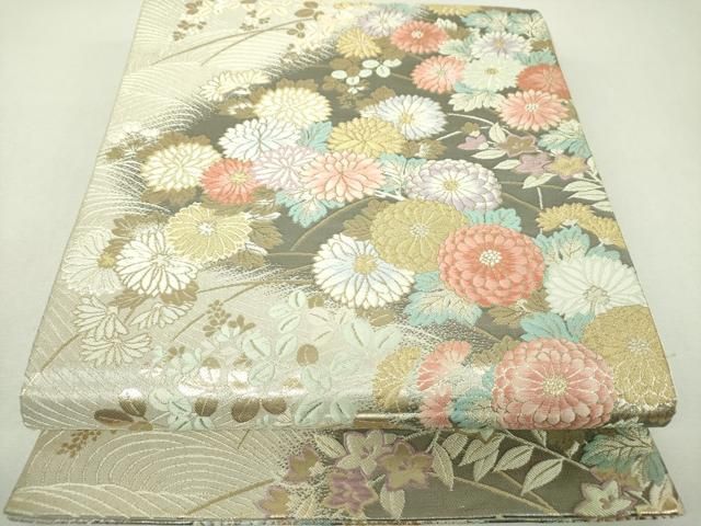 平和屋着物▼六通柄袋帯 唐織 花・詩・集 金銀糸 正絹 逸品 DABL5152ps
