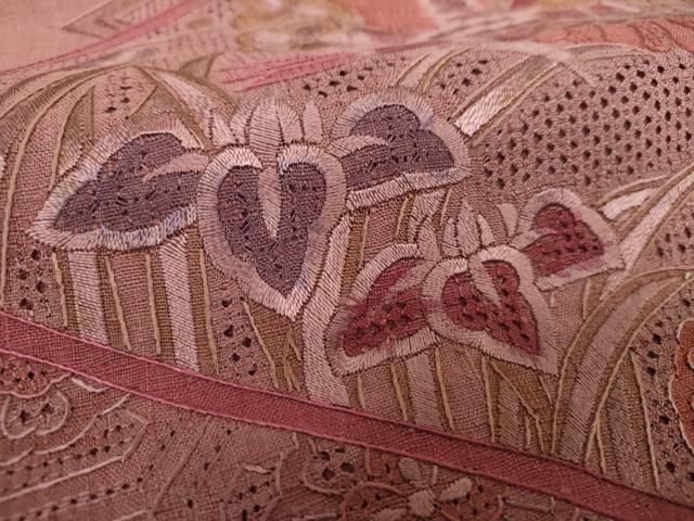 平和屋着物●中国三大刺繍 スワトウ刺繍 汕頭刺繍 相良刺繍 総刺繍 太鼓柄袋帯 紬地 蜀江花鳥文 正絹 逸品 未使用 DABL5263ps