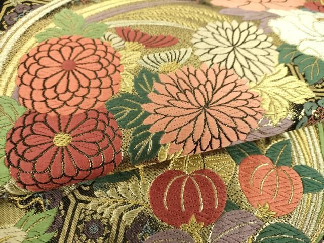平和屋着物●六通柄 本袋帯 唐織 蜀江花丸文 黒地 金糸 正絹 逸品 DABL5302ps