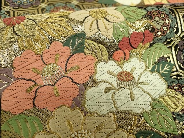 平和屋着物●六通柄 本袋帯 唐織 蜀江花丸文 黒地 金糸 正絹 逸品 DABL5302ps