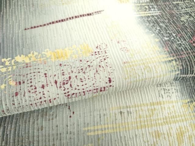 平和屋着物●日本画家 霜鳥忍の世界 両面 全通柄袋帯 名物裂花文 銀通し地 正絹 逸品 DABL5303ps