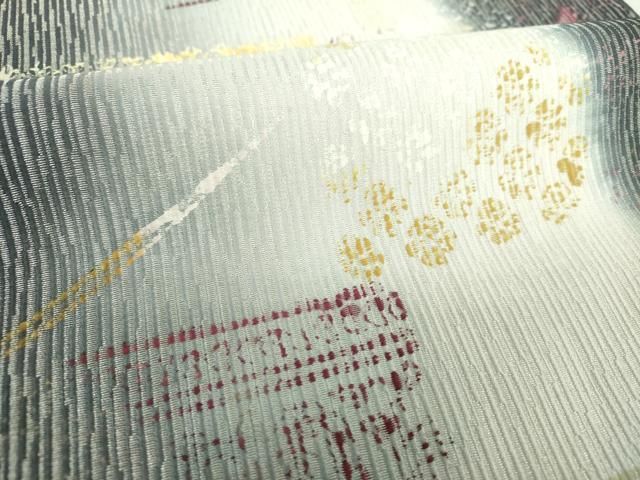 平和屋着物●日本画家 霜鳥忍の世界 両面 全通柄袋帯 名物裂花文 銀通し地 正絹 逸品 DABL5303ps