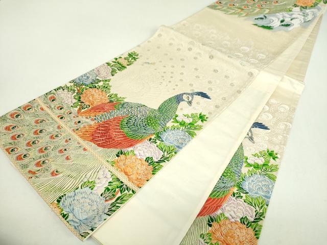 平和屋着物▼六通柄袋帯 唐織 孔雀文 金糸 正絹 逸品 DABL5328ps