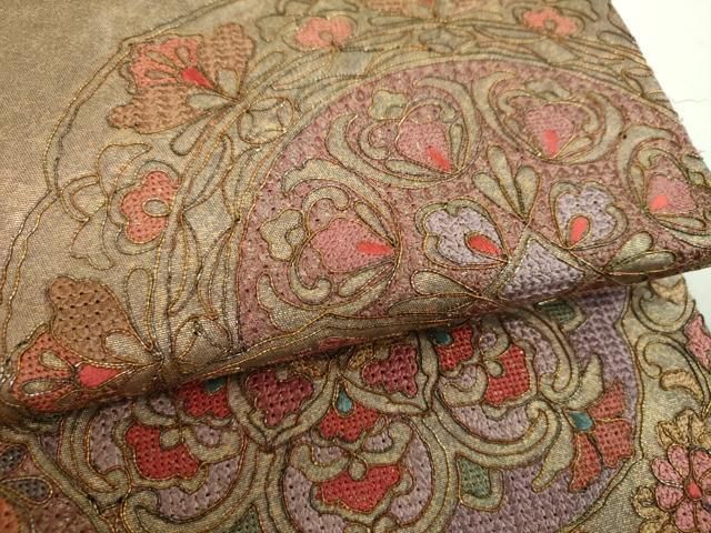 平和屋着物▼中国三大刺繍 スワトウ刺繍 汕頭刺繍 総刺繍 太鼓柄袋帯 駒刺繍 正倉院花文 金糸 引箔 正絹 逸品 DABL5338ps