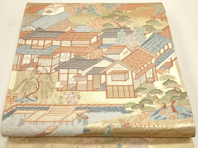 平和屋本店▼六通柄袋帯 洛中絵巻 本金箔 正絹 逸品 DABL7523sf
