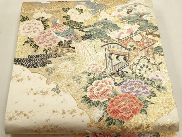 平和屋本店▼六通柄袋帯 唐織 三鳥御所車 九百本金弐重箔 正絹 逸品 DABL7538sf