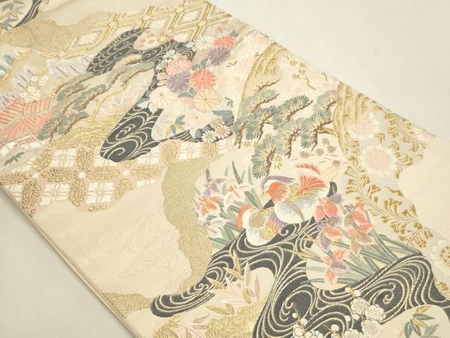平和屋本店▼六通柄袋帯 唐織 九百錦 遠山花鳥文 弐拾四金箔 正絹 逸品 DABL7541sf