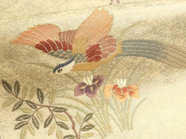 平和屋本店▼六通柄袋帯 花鳥絵巻 本金箔 白金泥箔 正絹 逸品 DABL7549sf